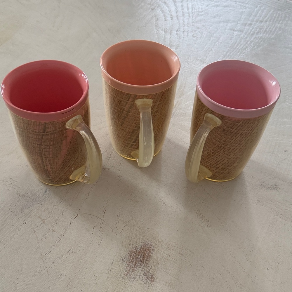 1970’s MCM set of 3 Pink Rim Woven-Pattern Rattan and Melamine Mugs 2/$20